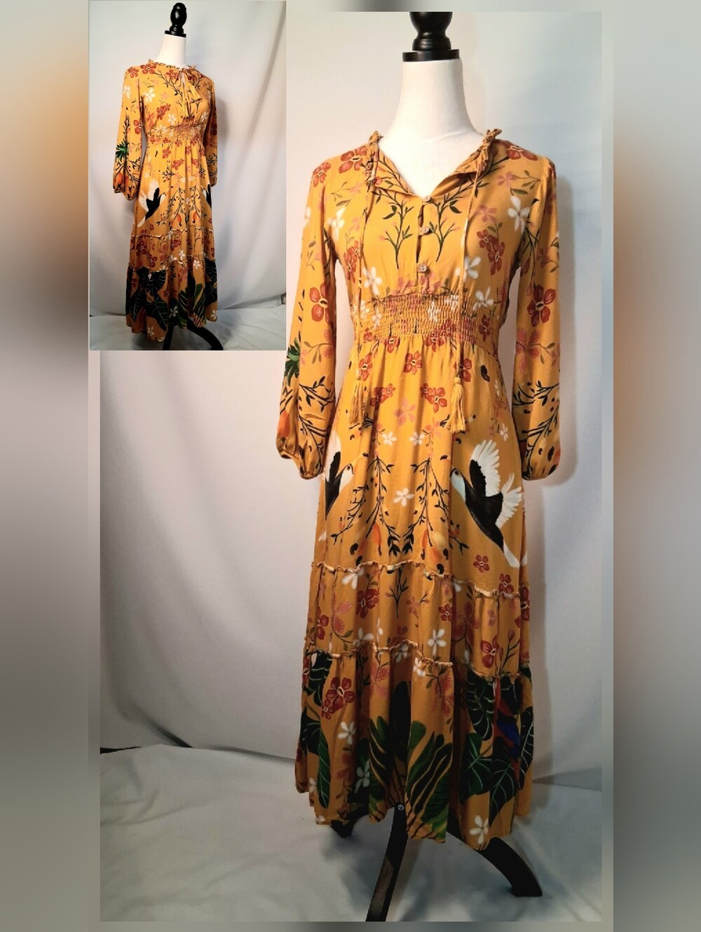 Anthropologie Farm Rio Cristy Mustard Floral & Crane Maxi Dress XSP